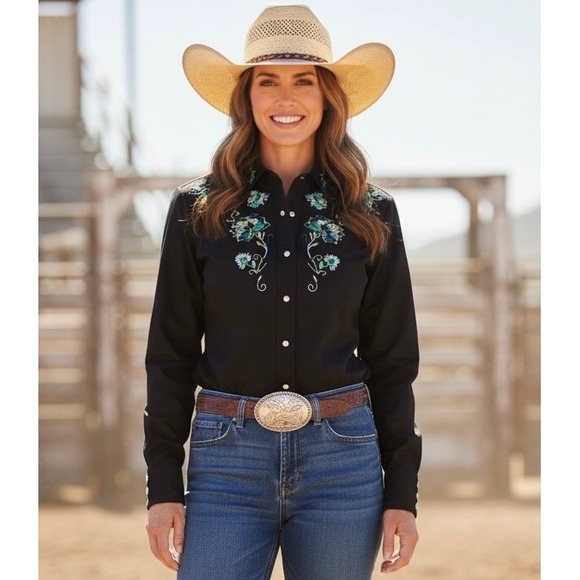 Roper Tops - Roper Western Shirt Black Embroidered Floral Pearl Snap Long Sleeve Women's XL